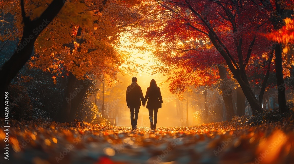 A couple holding hands and walking through a park filled with autumn leaves. A couple holding hands and walking through a park filled with autumn leaves.