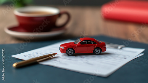 A vibrant red toy car on paperwork with a pen and a cup of coffee in the background, symbolizing auto loans or car purchases.