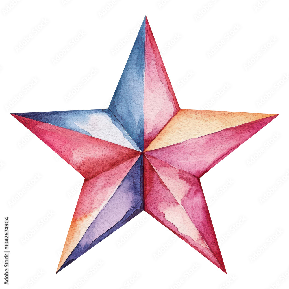 A watercolor painting of a star with a blue and red center and a yellow tip A watercolor painting of a star with a blue and red center and a yellow tip