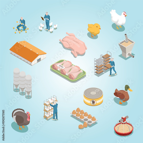 Poultry farm isometric icons set of equipment for feeding hen duck turkey trays with chicken legs and eggs and canned food vector illustration