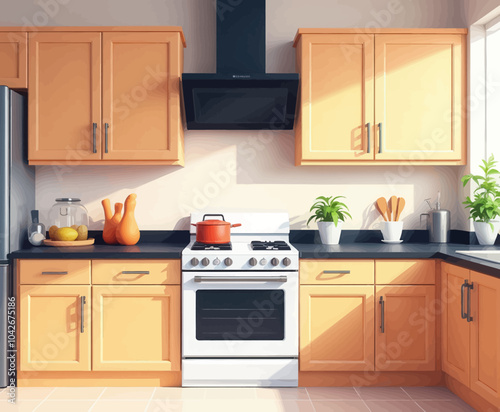 Modern Kitchen with Orange Cabinets and White Stove  
