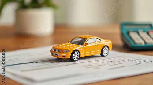 A vibrant yellow toy car positioned on top of paper documents, set against a softly blurred background, symbolizing finance and planning.