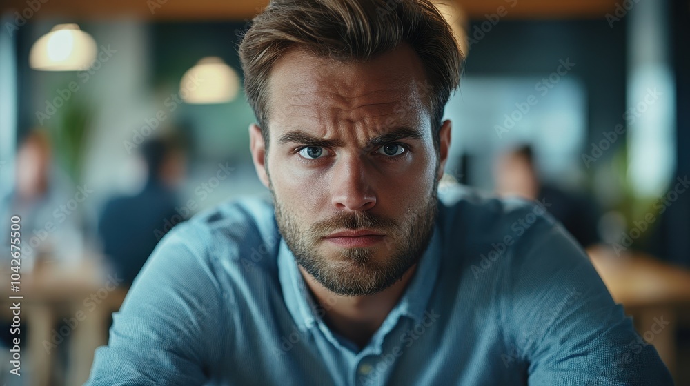Obraz premium Intense Focus A Thoughtful Man Reflects on Life's Challenges in a Contemporary Setting