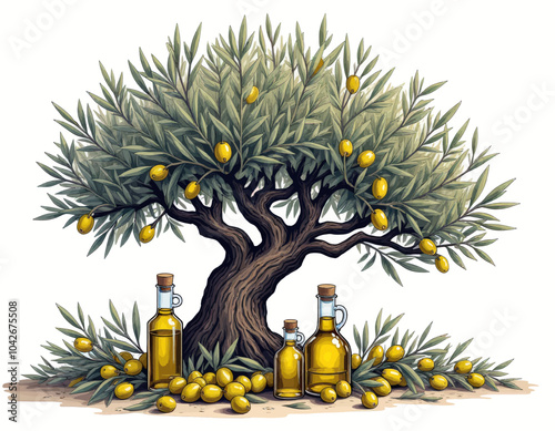 Olive Tree with Bottles of Oil and Olives