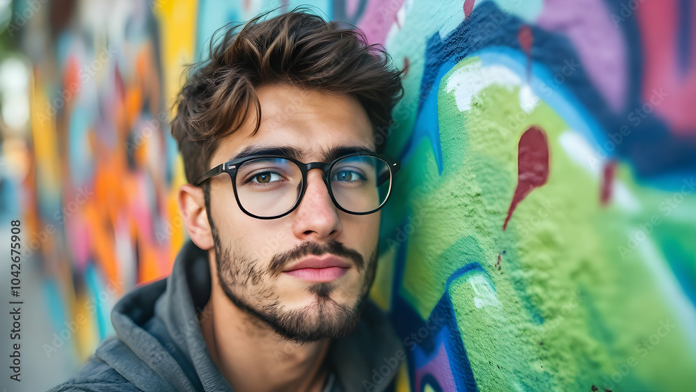 Young Man with Glasses Against Colorful Street Art