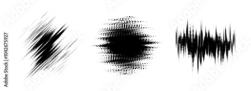 Glitch halftone line element set. Dotted texture geometric form collection. Grunge jagged comic pop art shapes for banner, poster, collage, overlay, label, box, blot. Distressed vector bundle