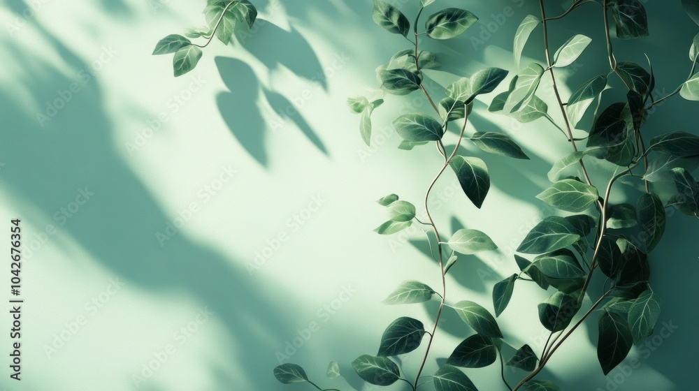 A serene composition of green leaves casting shadows on a light-colored wall. A serene composition of green leaves casting shadows on a light-colored wall.