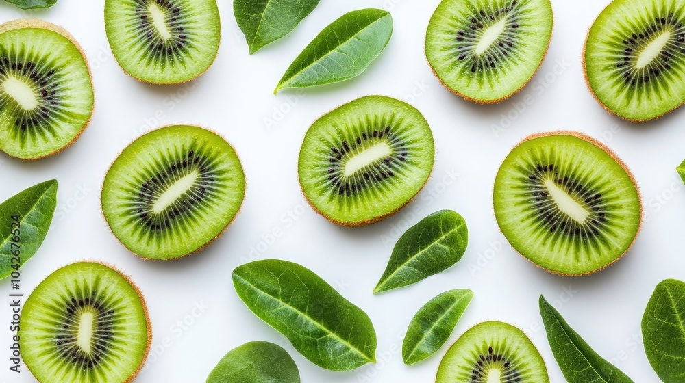 Fototapeta premium Fresh Kiwi Slices and Green Leaves Arrangement