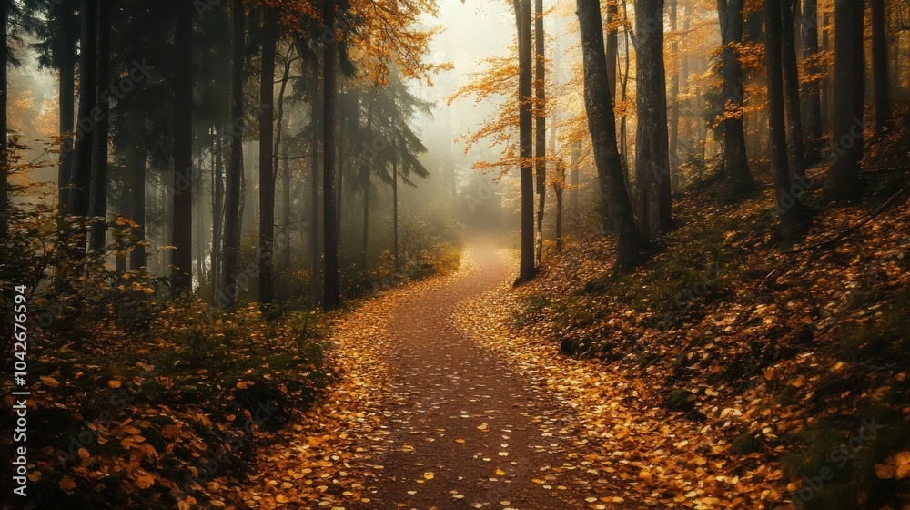 Fototapeta premium A serene autumn path winding through a foggy forest with fallen leaves.