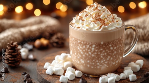 A cup of hot chocolate with whipped cream and marshmallows on a cozy winter table.