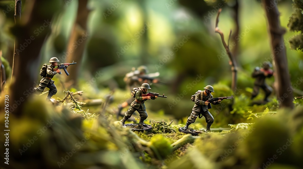 Action figurines engage in combat on an artificial battlefield in a clearing in the trees Action figurines engage in combat on an artificial battlefield in a clearing in the trees