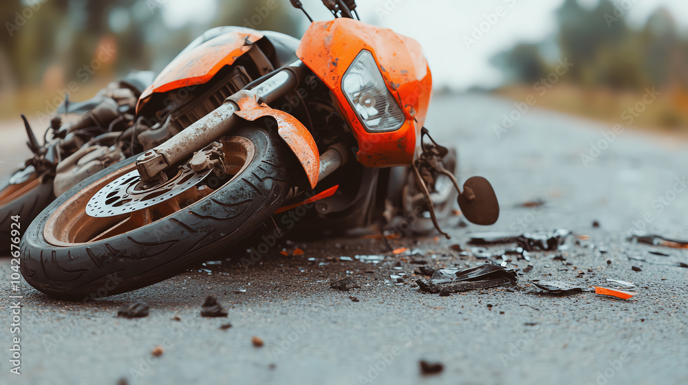 An overturned orange motorcycle lies on a deserted road, surrounded by debris. The scene captures the aftermath of an unfortunate accident.