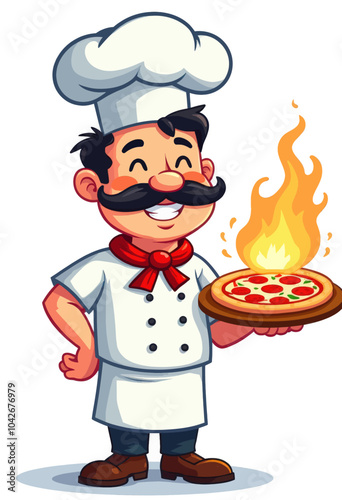 Smiling Chef Holding Flaming Pizza 
