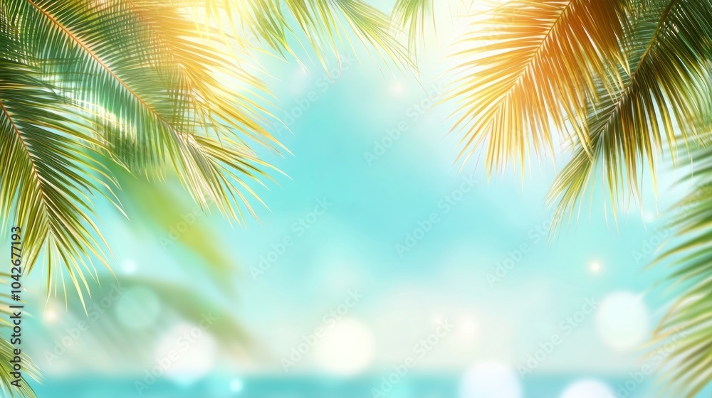 Obraz premium A serene beach scene with palm leaves framing a soft, blurred ocean background.