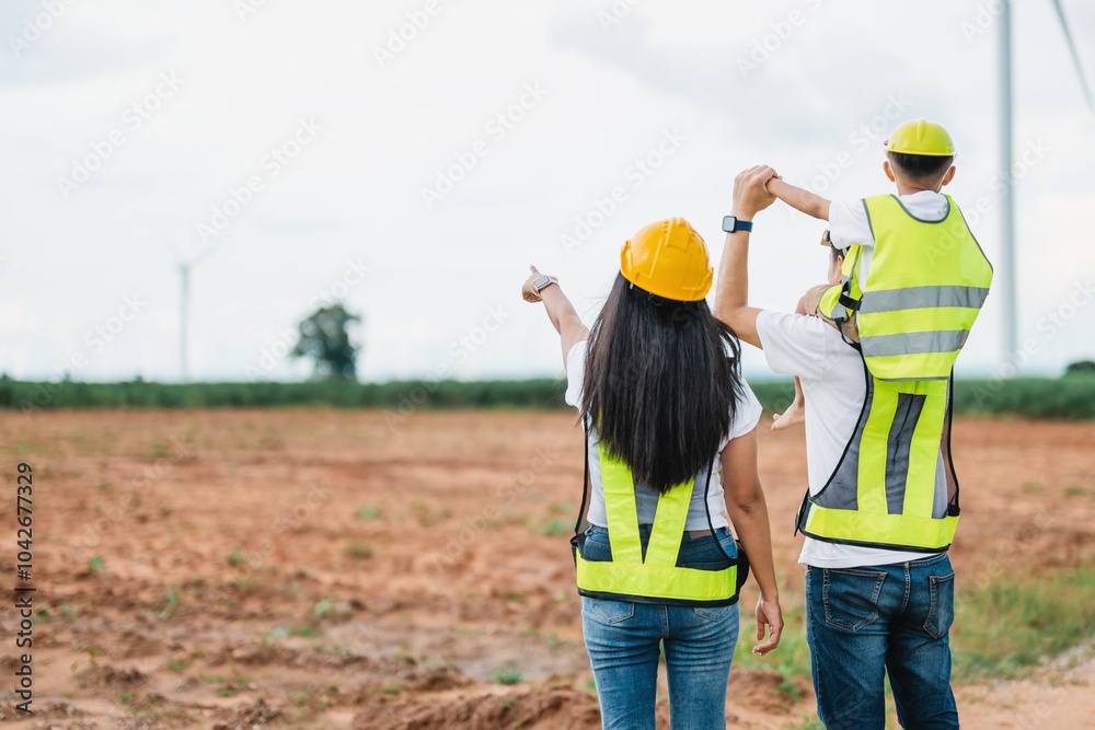 family of three, a man and two women, are standing in a field family of three, a man and two women, are standing in a field