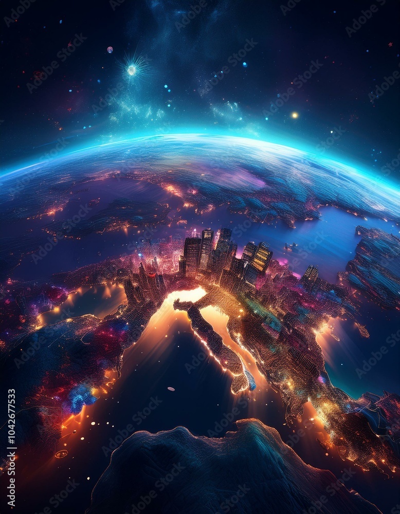 Planet Earth in space with night and city light view. Planet Earth in space with night and city light view.