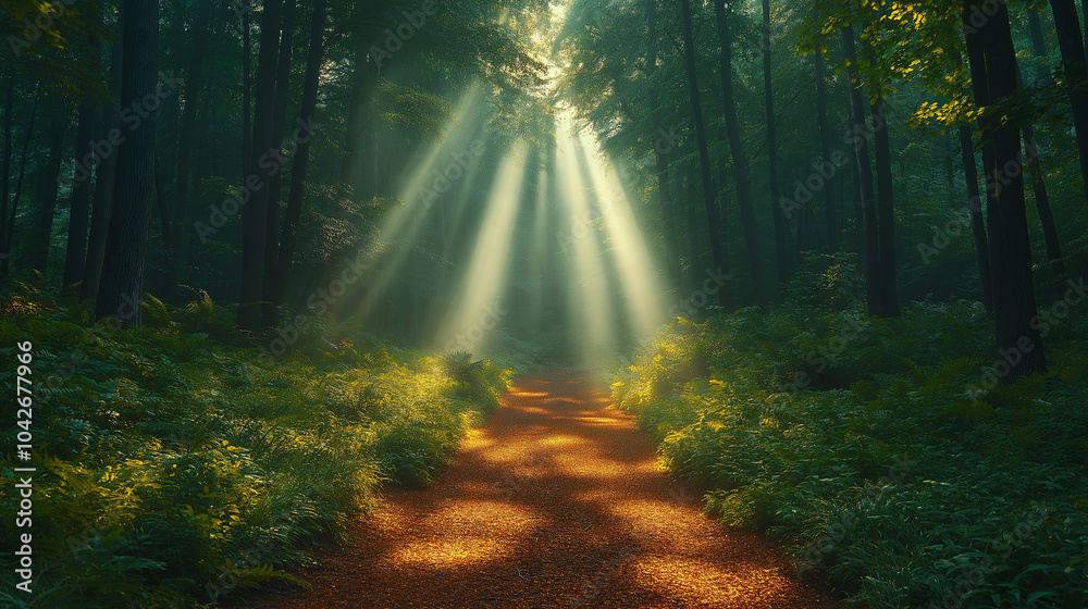 Fototapeta premium Enchanting forest paths, with sunlight shining through the trees, perfect for exploring and discovering themes