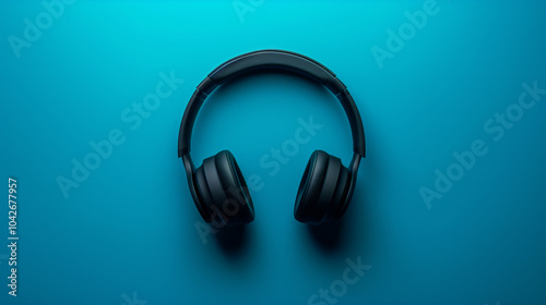 Black wireless over-ear headphones on a blue background with soft shadow