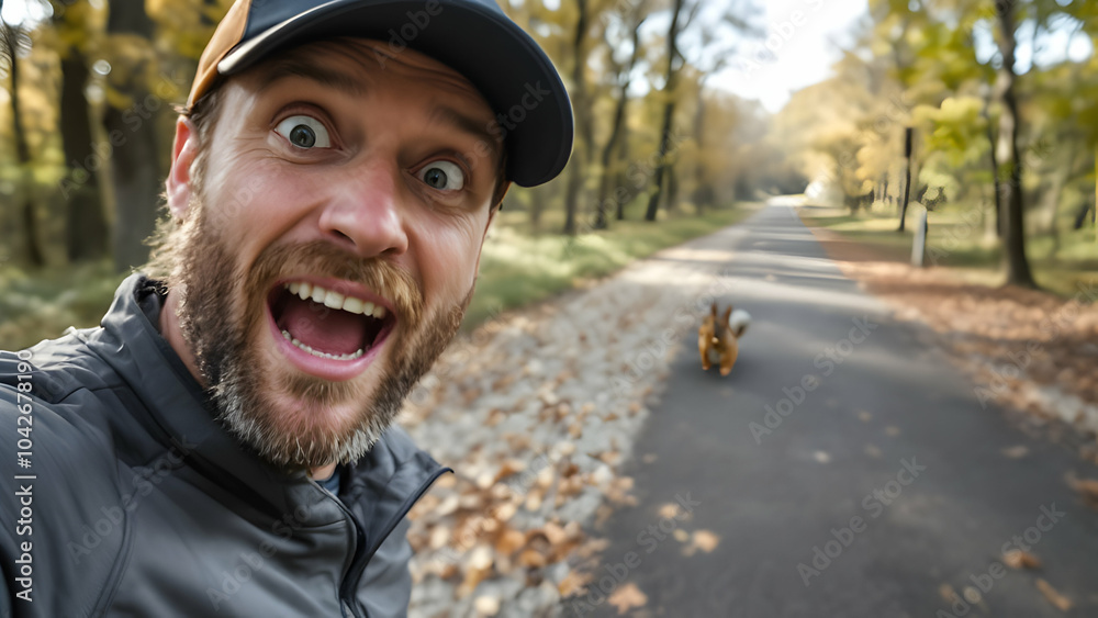 Joyful Man Enjoys Walk with Dog in Autumn Park