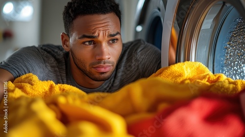 A Pensive Moment Man Contemplates Life Choices While Looking into a Washing Machine Filled with Colorful Laundry