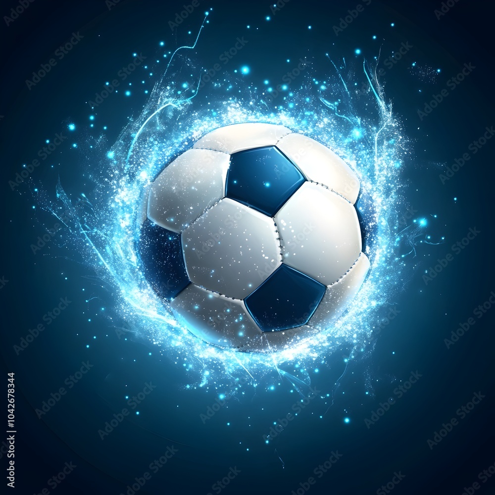 Fototapeta premium Dynamic Soccer Ball with Sparkling Blue Energy Background
