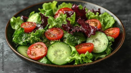 A fresh salad with bright green lettuce, tomatoes, cucumbers, and a light dressing.