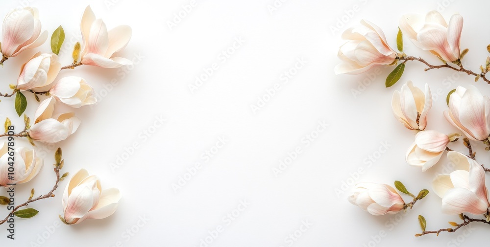 A serene arrangement of magnolia flowers on a white background, ideal for invitations or decor. A serene arrangement of magnolia flowers on a white background, ideal for invitations or decor.