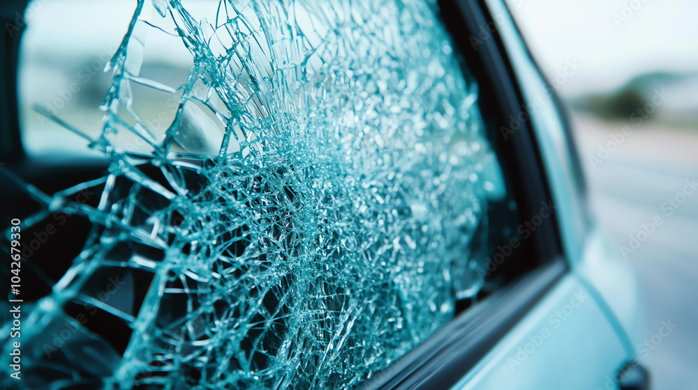 Close-up of shattered car window glass, creating an abstract pattern. Captured in natural light, emphasizing the details of broken glass.