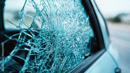 Obraz na płótnie Close-up of shattered car window glass, creating an abstract pattern. Captured in natural light, emphasizing the details of broken glass. w salonie