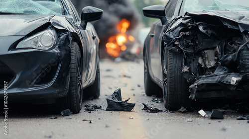 Obraz na płótnie Close-up of two damaged cars after an accident, debris scattered on the road, with flames in the background, highlighting the aftermath of a collision. w salonie