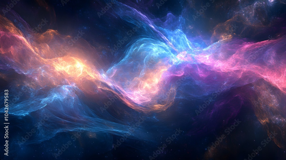 A tranquil cosmic landscape where the being interacts with the flowing energies of the universe creating waves of light A tranquil cosmic landscape where the being interacts with the flowing energies of the universe creating waves of light