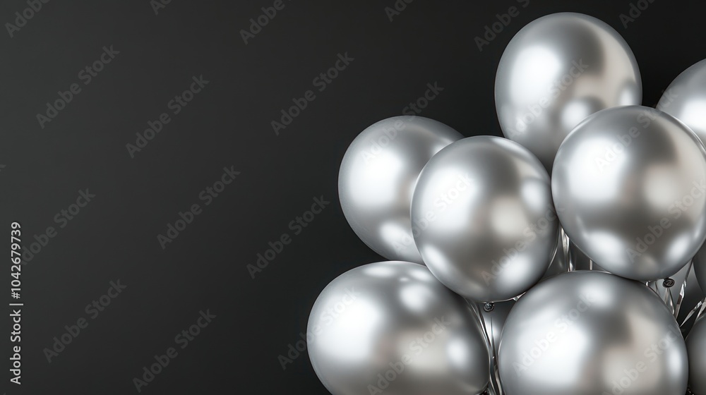 A cluster of shiny silver balloons against a dark background. A cluster of shiny silver balloons against a dark background.