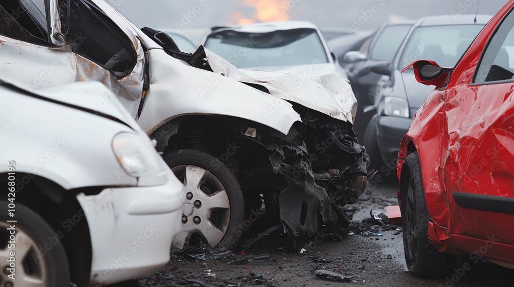 Close-up view of damaged cars in a junkyard, showcasing crushed vehicles and twisted metal, symbolizing the aftermath of an accident.