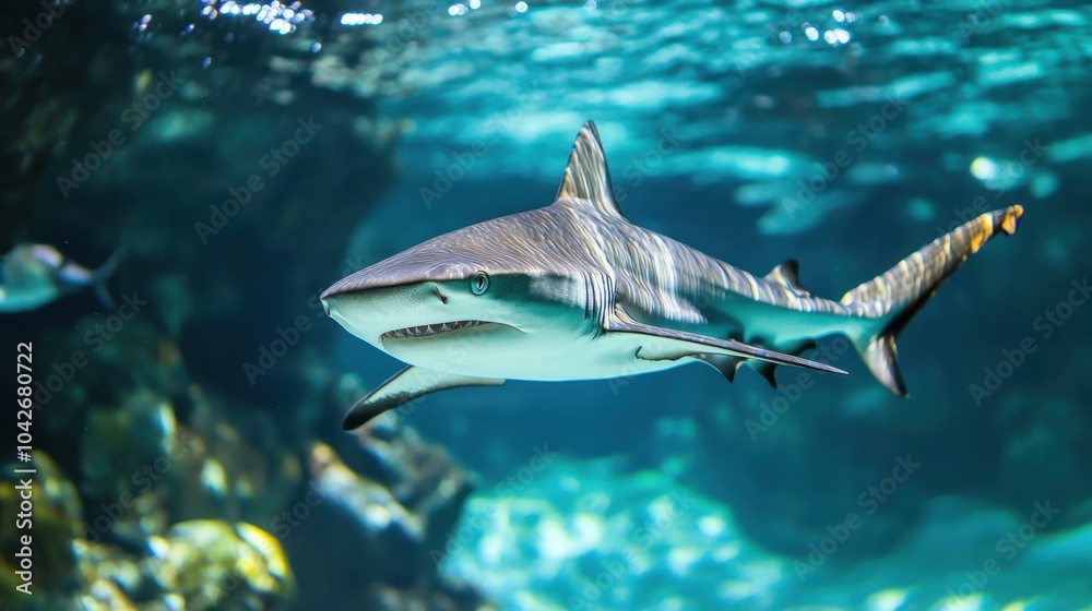 Fototapeta premium Majestic Blacktip Reef Shark Displaying Intricate Markings Gliding Through Transparent Ocean Waters