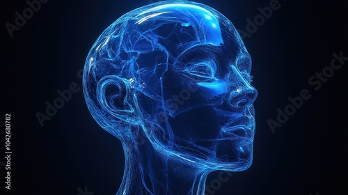 Blue futuristic illustration of a transparent head 