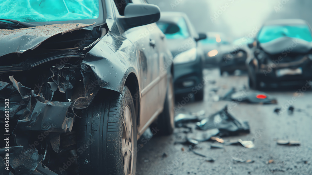 Damaged cars in a multi-vehicle collision on a road, highlighting the aftermath of an accident with debris scattered everywhere.