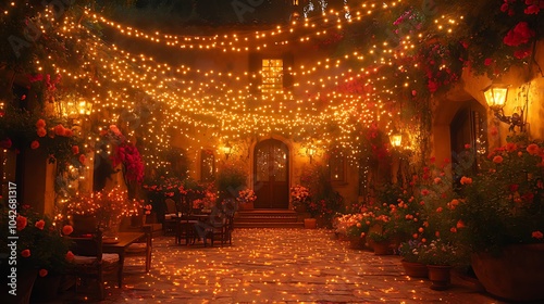 A romantic patio with string lights, flowers, and a table set for dinner at night. photo