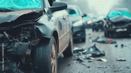 Obraz na płótnie Damaged cars in a multi-vehicle collision on a road, highlighting the aftermath of an accident with debris scattered everywhere. w salonie