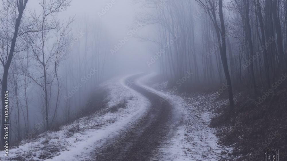 Fototapeta premium A winding path through a foggy forest with snow-covered ground.