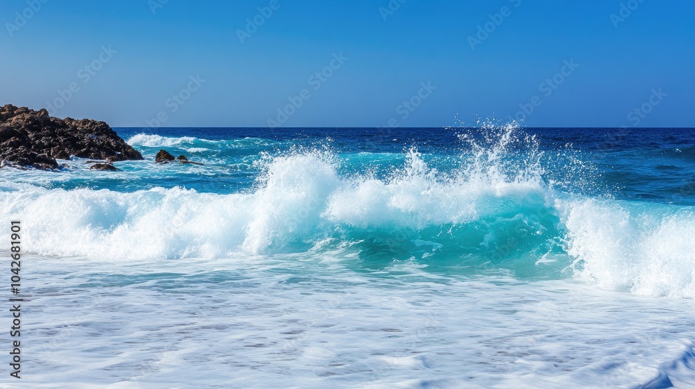 Ocean Waves Crashing Against Rocks in a Wide View Ocean Waves Crashing Against Rocks in a Wide View