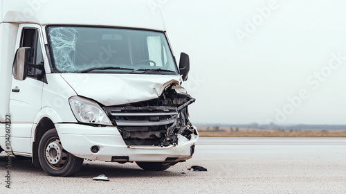 Damaged white delivery van on the roadside after an accident. The crumpled front indicates a serious collision, emphasizing the impact of vehicle accidents. photo