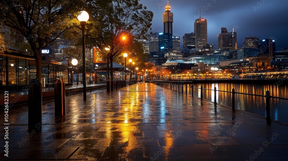 Fototapeta premium Urban Nightscape with Reflections on Wet Pavement