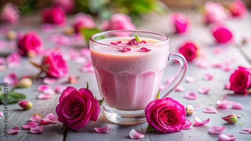 Pink Rose Milk in Double Walled Glass - Healthy Moon Milk Drink with Rose Petals for Wellness and