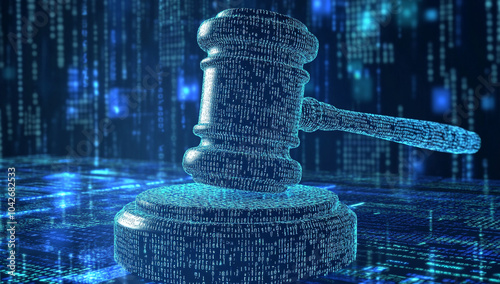 Digital Judge's Gavel Encoded with Binary Code Symbolizing Cyber Law and Justice Systems