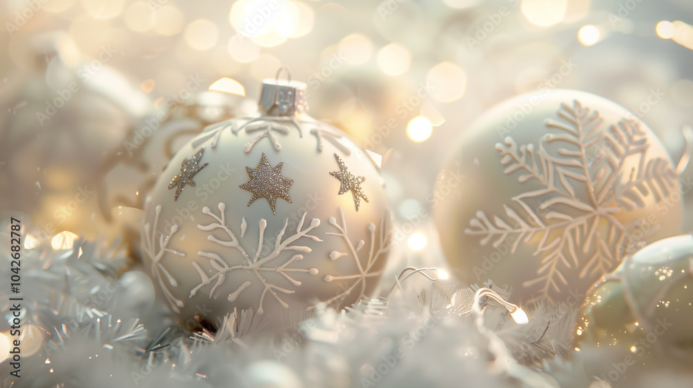Elegant white Christmas ornaments with snowflake designs on a festive background Elegant white Christmas ornaments with snowflake designs on a festive background