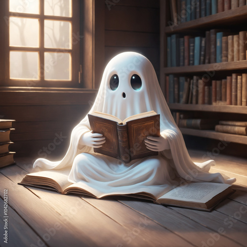 Whimsical ghost sitting on a wooden floor engrossed in reading a book