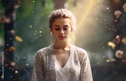 Lady in meditation. Beautiful young woman in white clothing sitting and keeping eyes closed while meditating