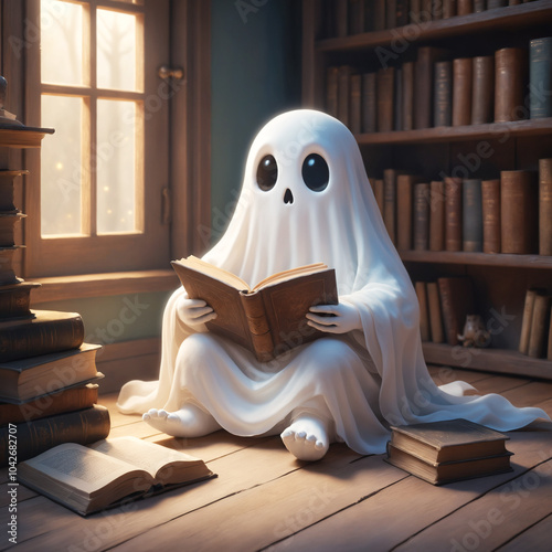 Whimsical ghost sitting on a wooden floor engrossed in reading a book