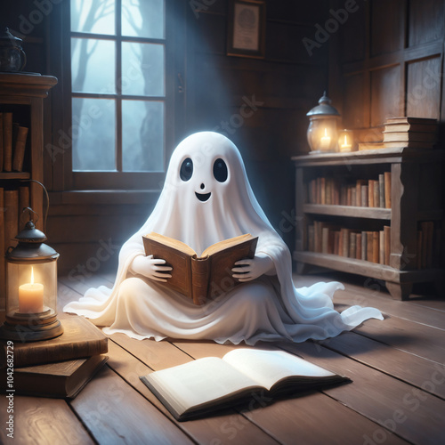 Whimsical ghost sitting on a wooden floor engrossed in reading a book