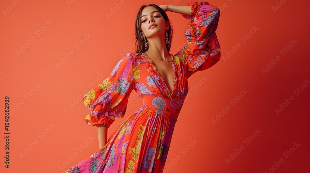 Fototapeta premium Vibrant and Whimsical Portrait of a Young German Woman Posing in a Colorful Playful Dress against a Coral Studio Background with Ample Copy Space Above